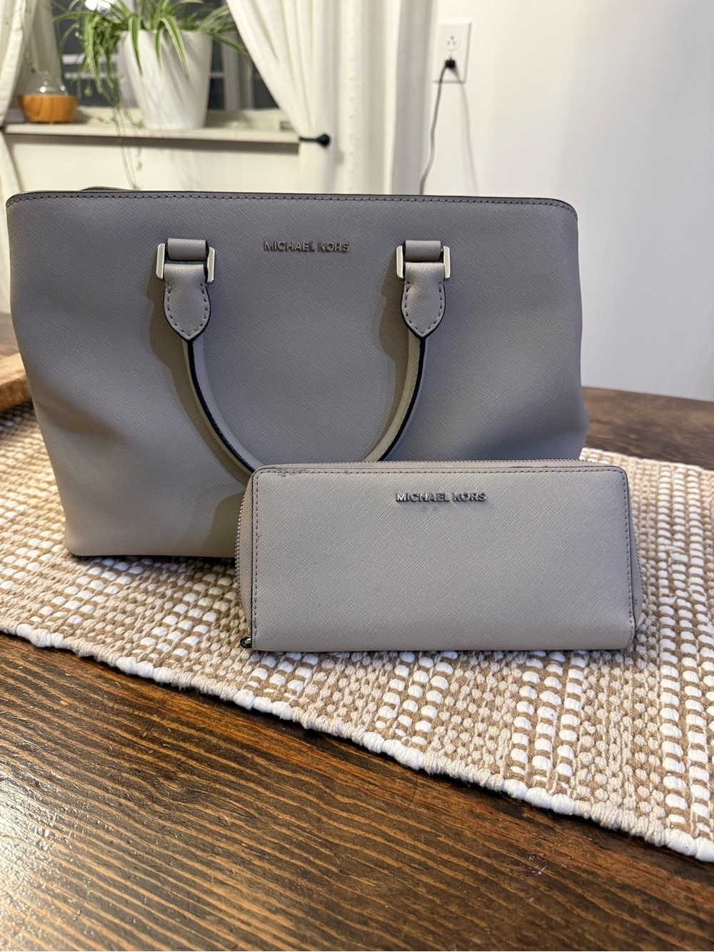 Michael Kors Light Grey Saffiano Tote with Matching Wallet